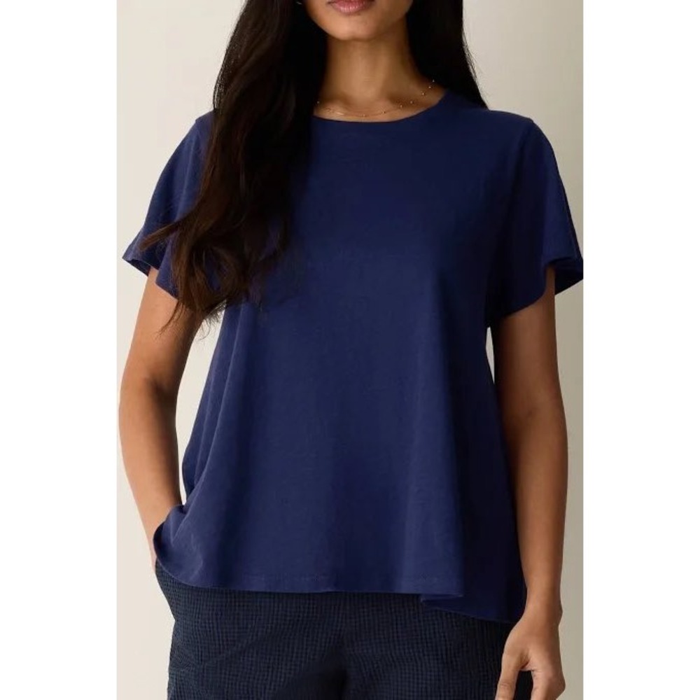 Eileen Fisher Navy Blue 100% Organic Cotton Short Sleeve Crewneck Tee Size Large
